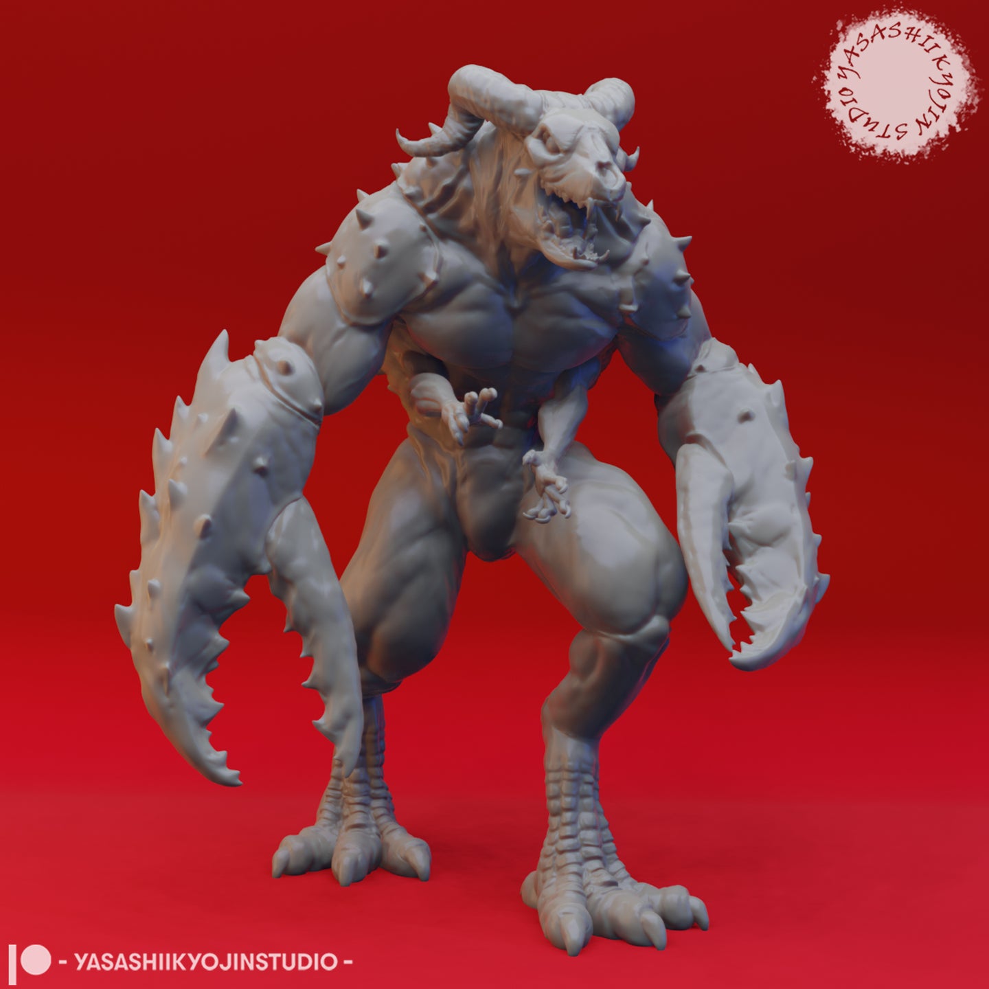 Front-facing digital render of an unpainted grey Glabrezu demon miniature with two large serrated claw-arms, spiked shoulders and spine, curved horns, and an open roaring jaw — sculpted by Yasashii Kyojin Studios