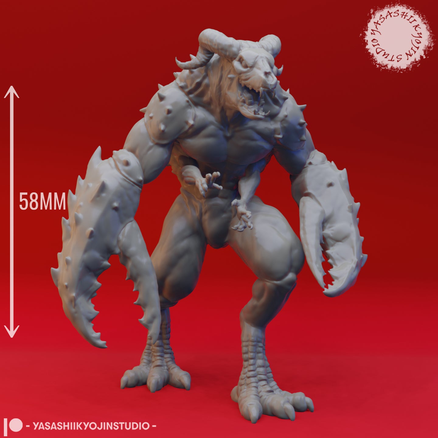 Front-facing digital render of the Glabrezu demon miniature with a 58mm scale reference arrow showing its full height from base to horn tip — unpainted grey resin sculpt by Yasashii Kyojin Studios