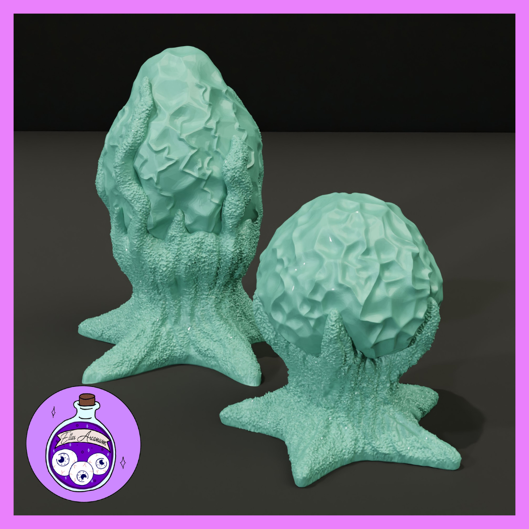 Two unpainted teal resin glowing orb mushroom scatter terrain miniatures — one tall with a faceted elongated cap held aloft by root-like tendrils, one shorter with a round faceted orb nestled in splayed tentacle-like roots — both printed in pale aqua resin, photographed against a dark grey background with the Ella's Arcanum Minis logo visible in the lower left corner