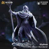 Glydnos by DM Stash — rear view showing the full sweep of his heavy cloak with textured folds, crescent-tipped staff held aloft in his right hand, ornate shield visible at left, crystal base beneath.
