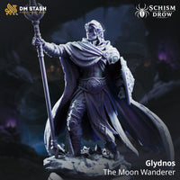 Glydnos by DM Stash — rear view showing the full sweep of his heavy cloak with textured folds, crescent-tipped staff held aloft in his right hand, ornate shield visible at left, crystal base beneath.
