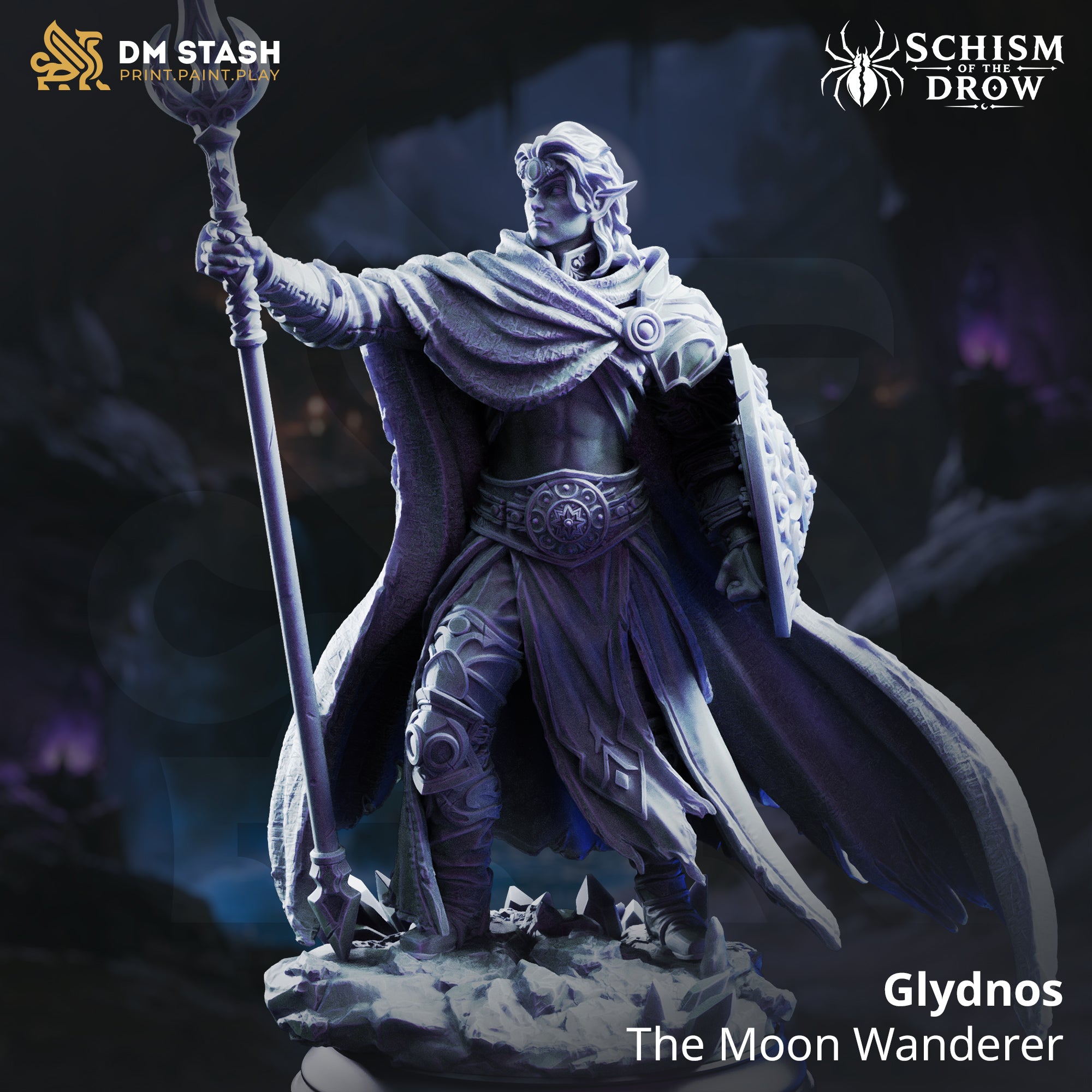 Glydnos by DM Stash — rear view showing the full sweep of his heavy cloak with textured folds, crescent-tipped staff held aloft in his right hand, ornate shield visible at left, crystal base beneath.