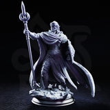 Glydnos the Moon Wanderer by DM Stash — elven figure in flowing cloak, arm raised holding a crescent-tipped staff, ornate shield at his side, standing on shattered crystal base.