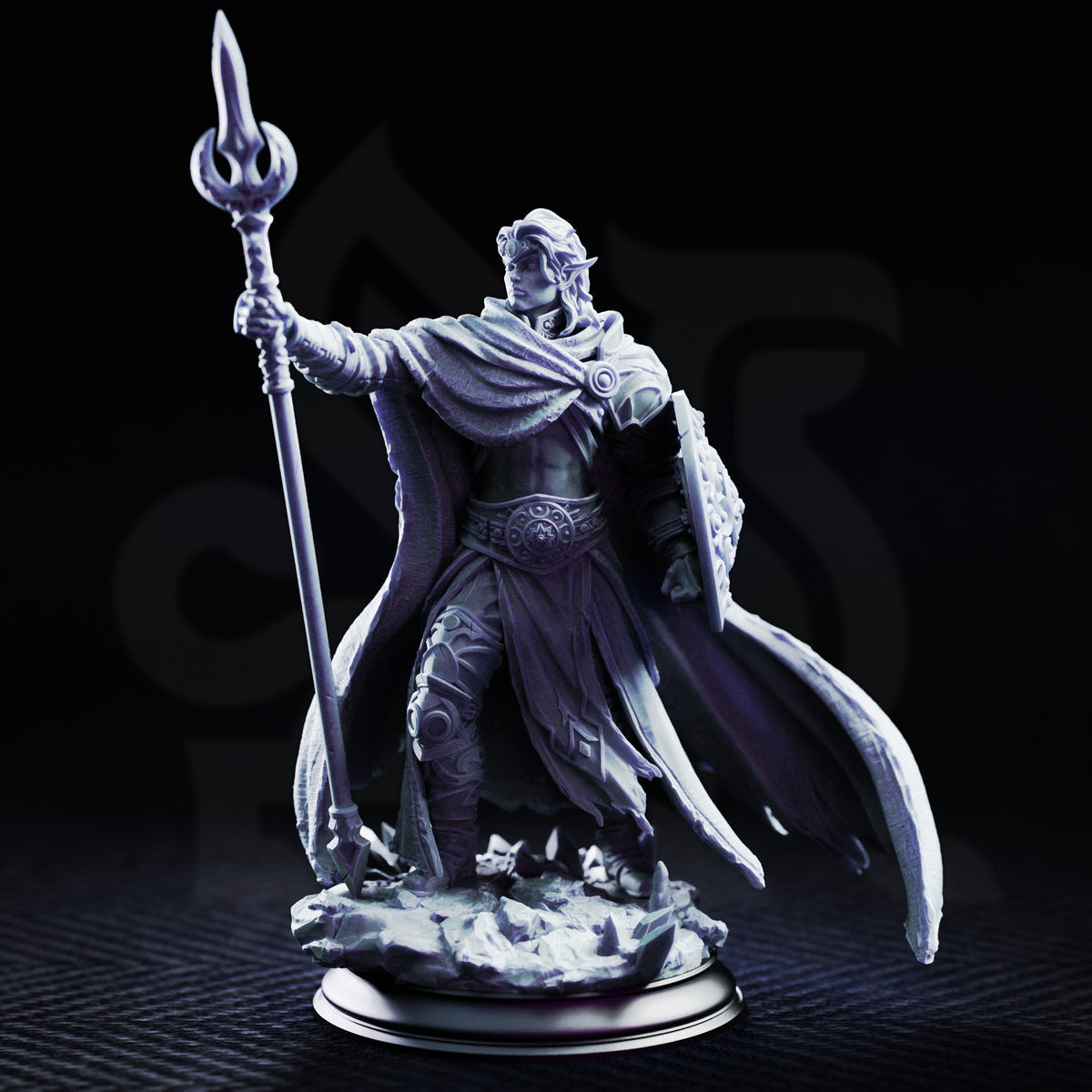 Glydnos the Moon Wanderer by DM Stash — elven figure in flowing cloak, arm raised holding a crescent-tipped staff, ornate shield at his side, standing on shattered crystal base.