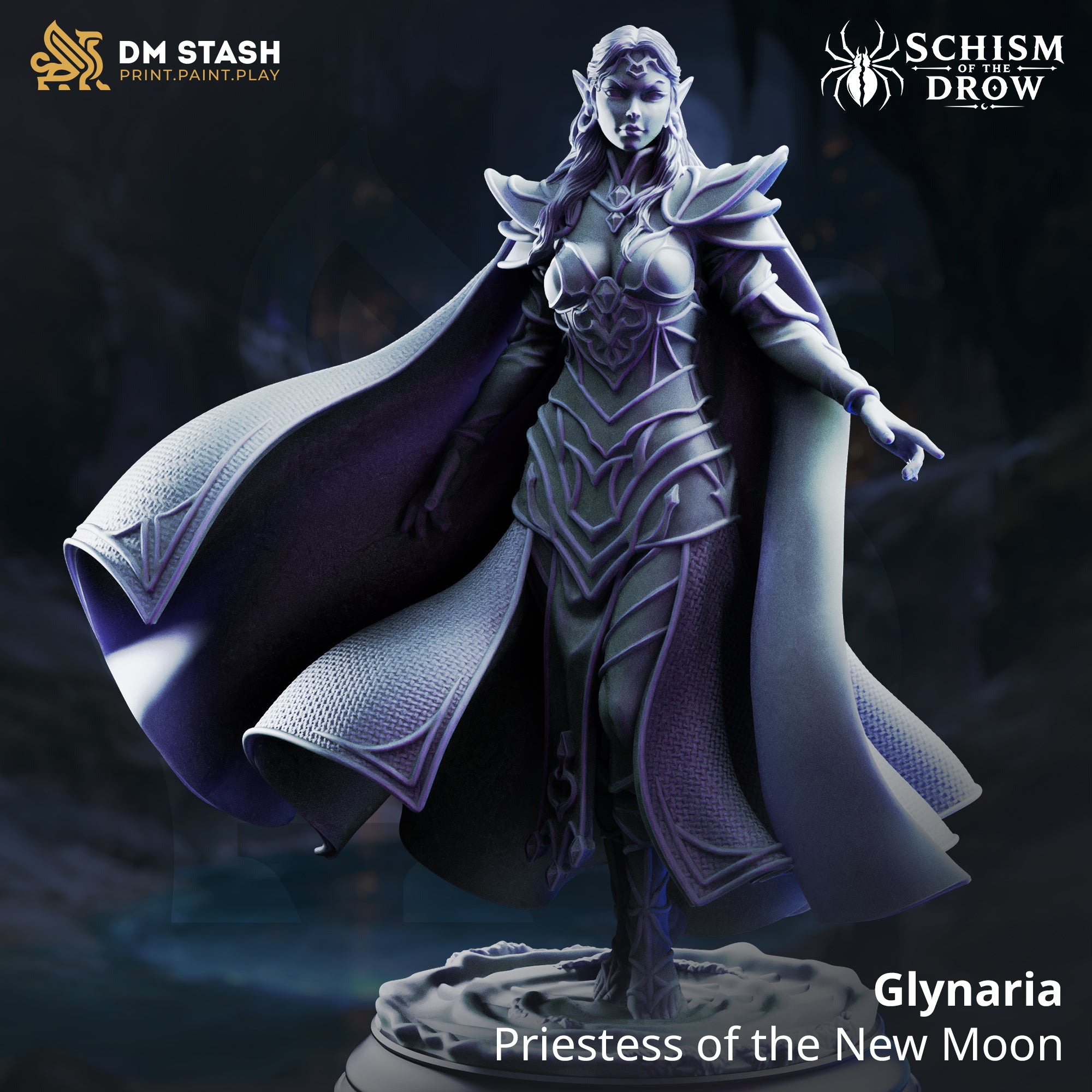 Rear of the Glynaria drow priestess miniature showing a large billowing cloak with pressed textile texture and a raised moon-and-vine emblem on the back panel, long flowing hair, pointed ears, sculpted stone base. DM Stash.