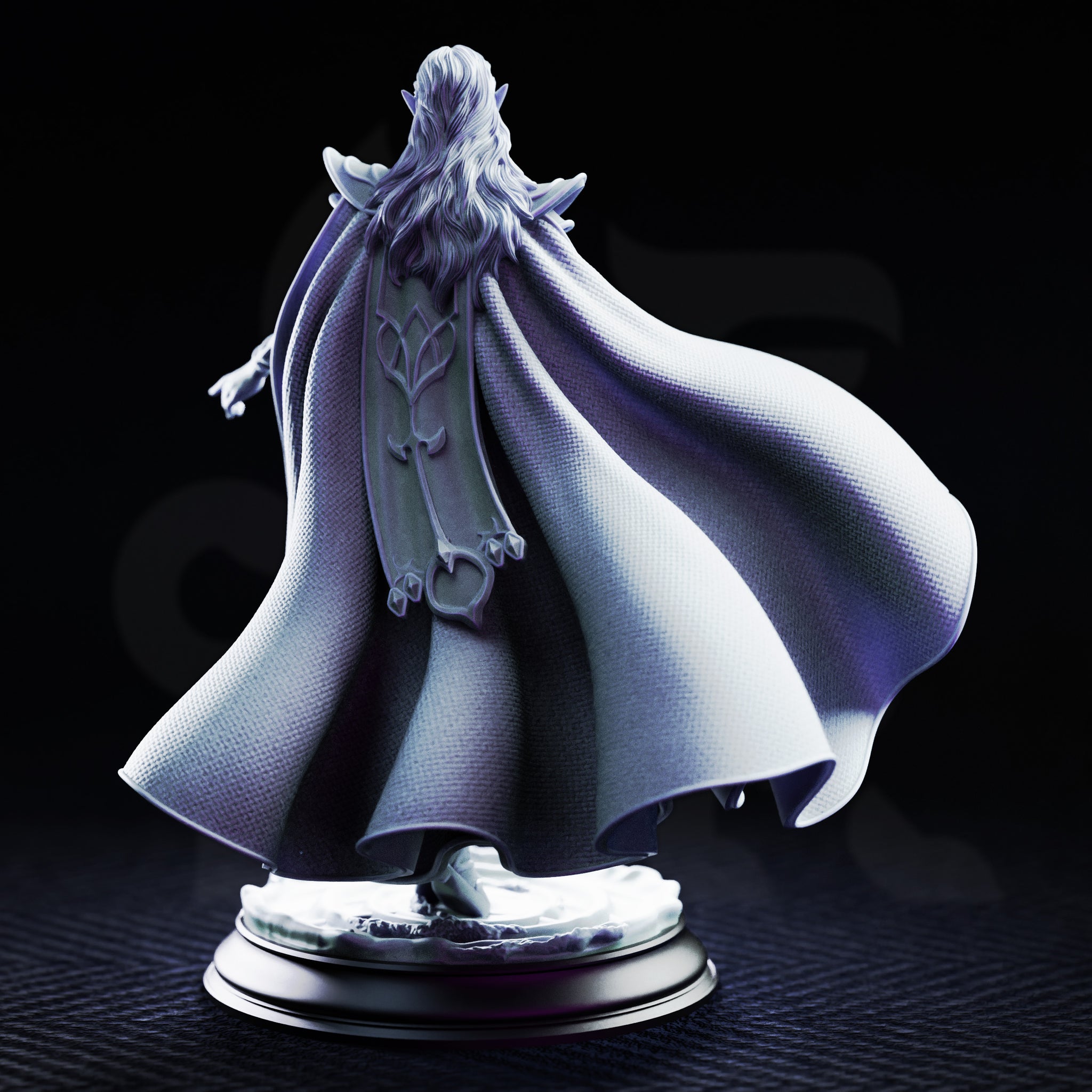 Glynaria drow priestess miniature in a three-quarter stance, angular elven armour with crescent detailing, flowing layered robes with naturalistic folds sweeping to one side, loose hair over shoulders, scenic swirling base. DM Stash.