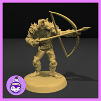 Digital render of an unpainted Gnoll Archer miniature at 32mm scale — a snarling hyena-folk warrior in spiked leather armour, standing wide-legged with a longbow fully drawn and an arrow nocked, claws gripping the bow, mounted on a round base. Ella's Arcanum Minis logo visible in the lower left corner.