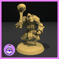 Digital render of an unpainted resin Gnoll Barbarian miniature at 32mm scale, shown in warm gold-tan. The gnoll stands in a dynamic charging pose, one arm raised holding a large knotted club, the other hand gripping a small spherical trophy. It wears heavy stone-block pauldrons, a studded chest harness with pouches, and a rough loincloth. Its hyena head is snarling mid-charge, with clawed feet braced on a plain round base. Ella's Arcanum Minis logo visible in the lower left corner.