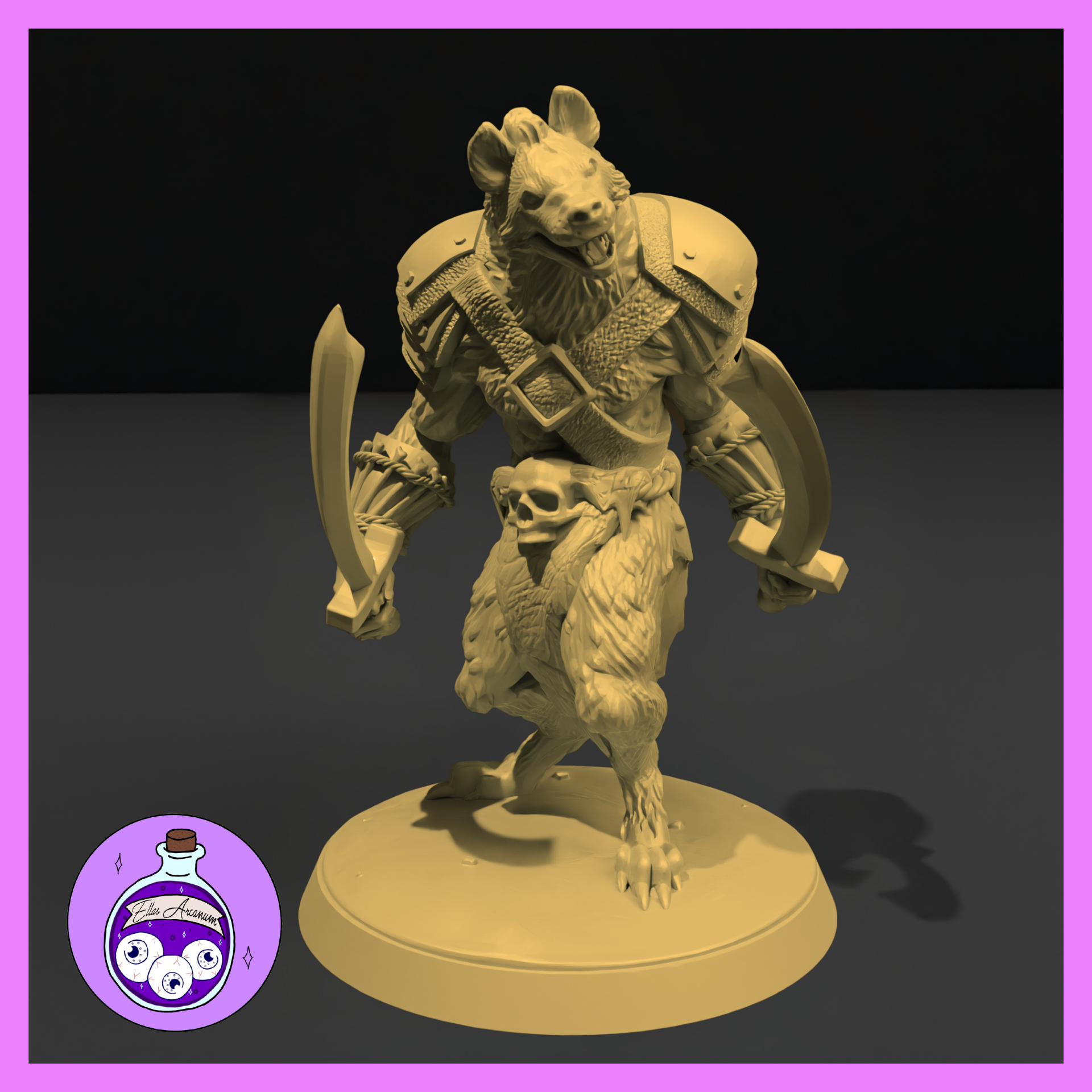 Unpainted resin 3D printed Gnoll Fighter miniature at 32mm scale, shown as a golden-toned digital render. The gnoll stands mid-stride in an aggressive forward pose, holding a curved scimitar in one hand with a second blade behind. He wears studded shoulder pauldrons and a rope-and-leather harness, with a skull hanging from his belt. His hyena head is open-mouthed in a snarl, and his clawed feet grip a round integral base.