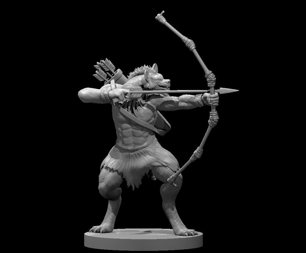 Unpainted grey resin miniature of a gnoll warrior in a dynamic archery pose — bow fully drawn, arrow nocked to a spear-tipped shaft, quiver of arrows over one shoulder, muscular hyena-like figure wearing ragged furs, mouth open in a snarl, clawed feet planted wide on a flat round base