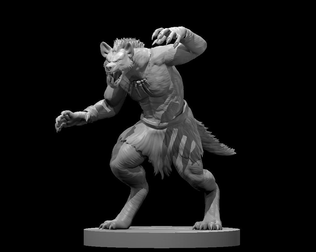 Unpainted grey resin miniature of a gnoll warrior in a dynamic lunging pose — jaws wide open in a snarl, one clawed arm raised high and the other reaching forward, wearing tattered fur trousers and a bandolier across the chest, mounted on a round base at 32mm scale