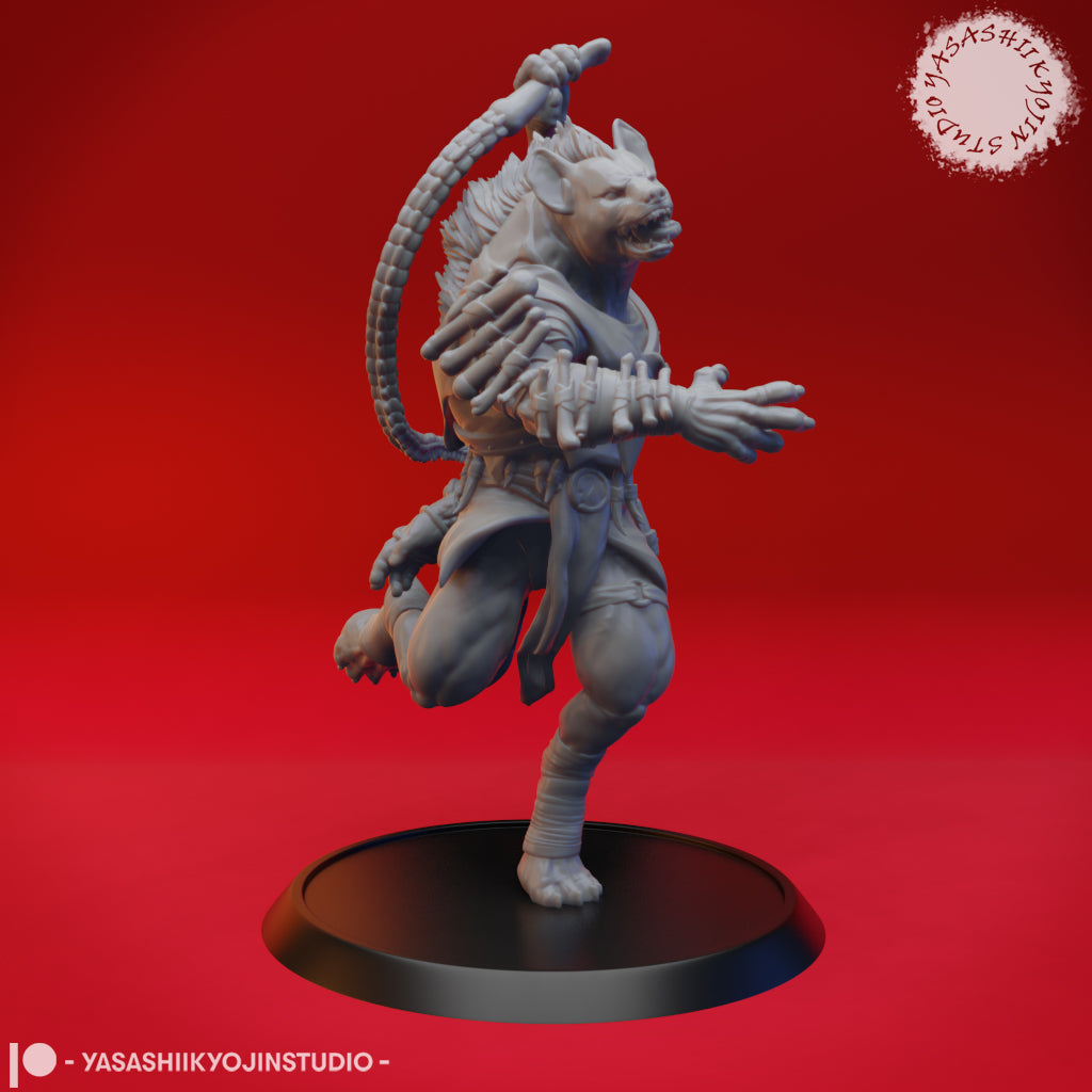 Grey unpainted resin miniature of a gnoll warrior in a dynamic running pose, one knee raised, a segmented bone whip raised overhead and a skeletal multi-fingered arm extended forward, with a spiked mane along its back and a snarling jaw, mounted on a round black base — front three-quarter view