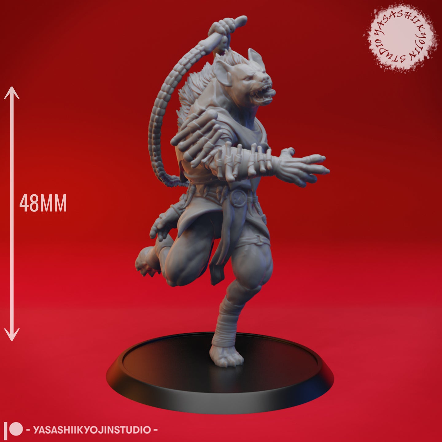 Grey unpainted resin gnoll miniature shown in a running pose with bone whip raised and clawed arm outstretched, with a 48mm height reference marker visible alongside the figure on a round black base — front three-quarter view