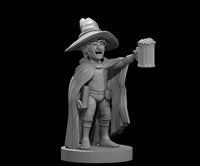 Unpainted grey resin miniature of a cheerful gnome male wizard at 32mm scale, posed with one arm raised holding a frothy tankard and the other tucking a spellbook under his arm, wearing a wide-brimmed hat, flowing cape, and buckled belt, mounted on a round base — digital render