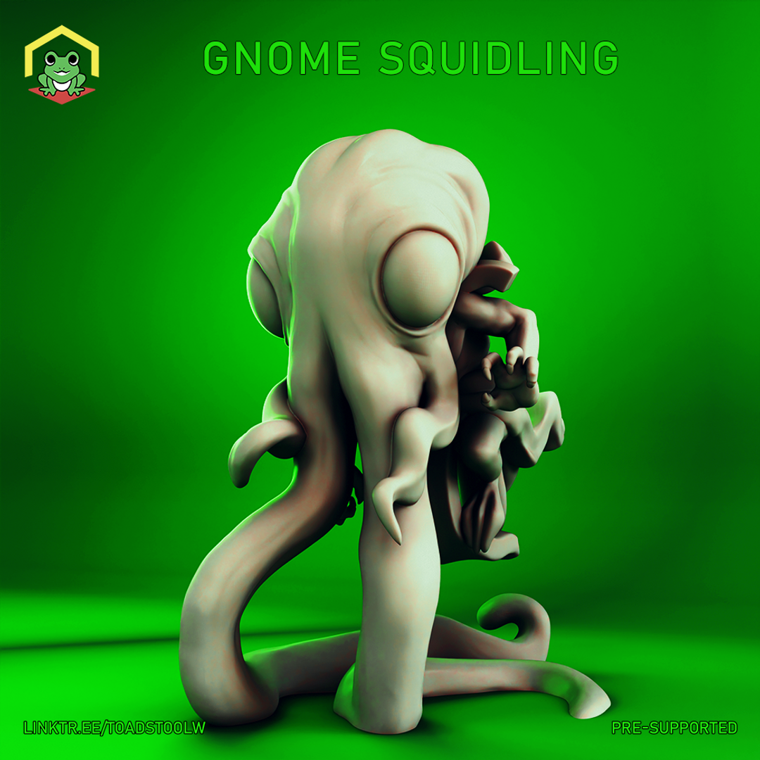 Digital render of the Gnome Squidling miniature by The Toadstool Weaver — an unpainted grey sculpt of a grotesque aberration with a bulbous cyclopean head, writhing tentacle legs, and tiny clawed humanoid arms fused into its body, shown against a vivid green background