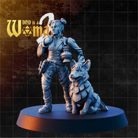 Female gnome engineer in layered tactical clothing and pauldrons, holding a hooded lantern, with her armoured dog seated at her side. Sculpt by DnD is a Woman.
