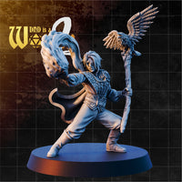 Gnome warlock in a wide lunging stance, conjuring a swirling flame orb in her left hand, gripping a gnarled staff topped with a spread-winged eagle in her right. Long coat billowing, ornate belt, focused expression. Sculpt by DnD Is A Woman.