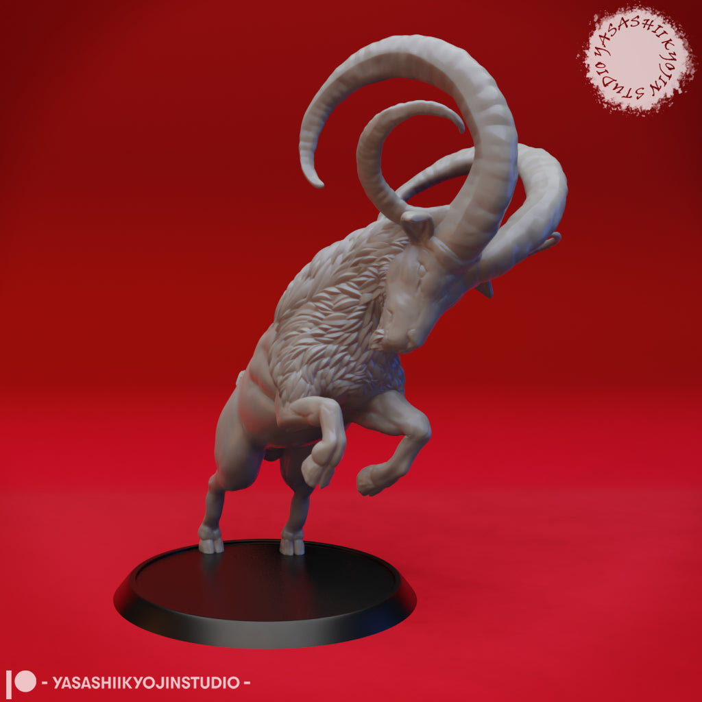 Unpainted grey resin digital render of a Giant Goat miniature rearing up on its hind legs, with sweeping ibex-style horns curling overhead and detailed layered fleece texture across its body, mounted on a plain black round base — front three-quarter view