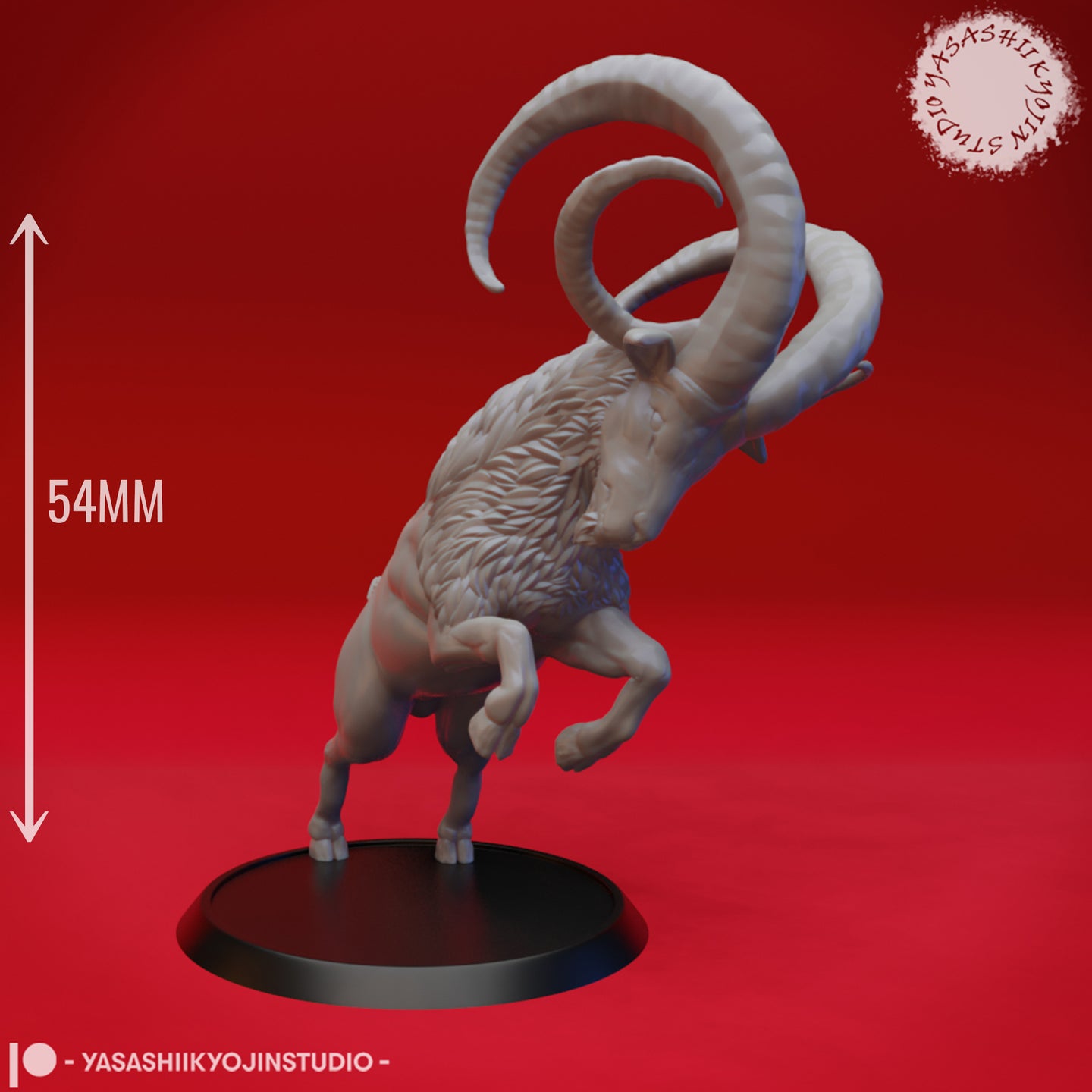 Unpainted grey resin digital render of the Giant Goat miniature shown with a 54mm height reference arrow, rearing pose with dramatic curved horns and textured coat clearly visible, on a plain black round base — side profile view