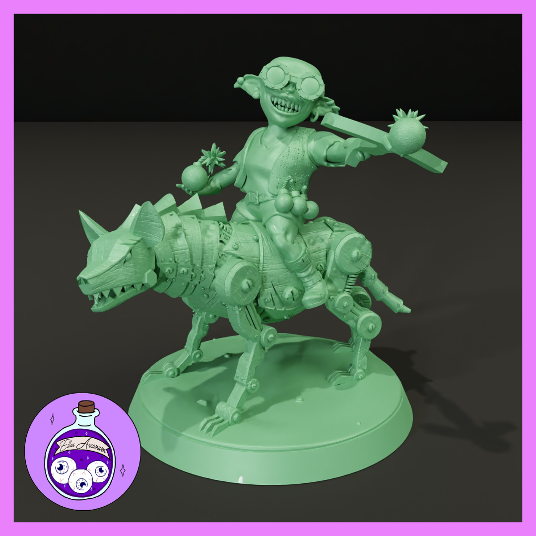 Digital render of an unpainted green resin miniature depicting a grinning goblin artificer wearing goggles and a vest, riding an armoured mechanical wolf with riveted plating, articulated legs, and springs. The goblin holds a spiked grenade in each hand. Mounted on a round base. Ella's Arcanum Minis logo visible in the lower left corner.