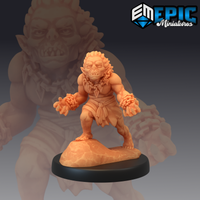 Unpainted orange resin 32mm miniature of a goblin berserker by Epic Miniatures, shown in an aggressive crouching stance with clawed hands raised, wild tufted hair, tribal amulet at chest, hide wraps at wrists, mounted on a rocky outcrop base
