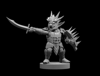 Unpainted grey resin 3D printed miniature of a Goblin Boss at 32mm scale — wide aggressive stance, shortsword thrust forward in right hand, large spiked shield in left hand, mouth open in a battle cry, spiky angular armour with overlapping plates, jagged crown of spikes on head, mounted on a round base