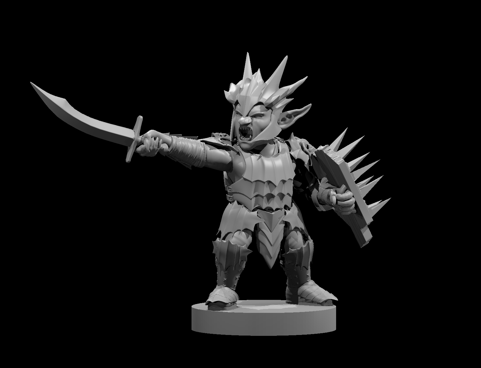 Unpainted grey resin 3D printed miniature of a Goblin Boss at 32mm scale — wide aggressive stance, shortsword thrust forward in right hand, large spiked shield in left hand, mouth open in a battle cry, spiky angular armour with overlapping plates, jagged crown of spikes on head, mounted on a round base