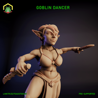 Digital render of an unpainted Goblin Dancer miniature at 32mm scale — a female goblin in a dynamic mid-stride pose, holding a curved blade in each hand, wearing minimal armour with wrapped hair and a confident smirking expression, sculpted by The Toadstool Weaver