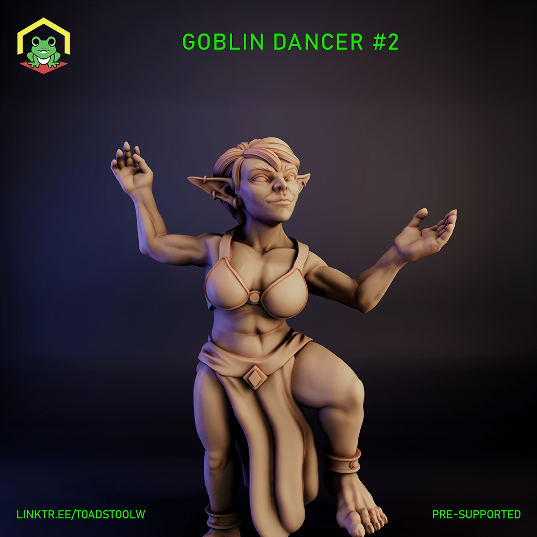 Digital render of Goblin Dancer #2 miniature by The Toadstool Weaver — an unpainted female goblin sculpt in a dynamic mid-dance pose with both arms raised and one knee lifted, wearing a wrapped top, split skirt, and ankle bands, with pointed ears and a sly grinning expression