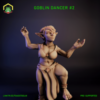 Digital render of Goblin Dancer #2 miniature by The Toadstool Weaver — an unpainted female goblin sculpt in a dynamic mid-dance pose with both arms raised and one knee lifted, wearing a wrapped top, split skirt, and ankle bands, with pointed ears and a sly grinning expression