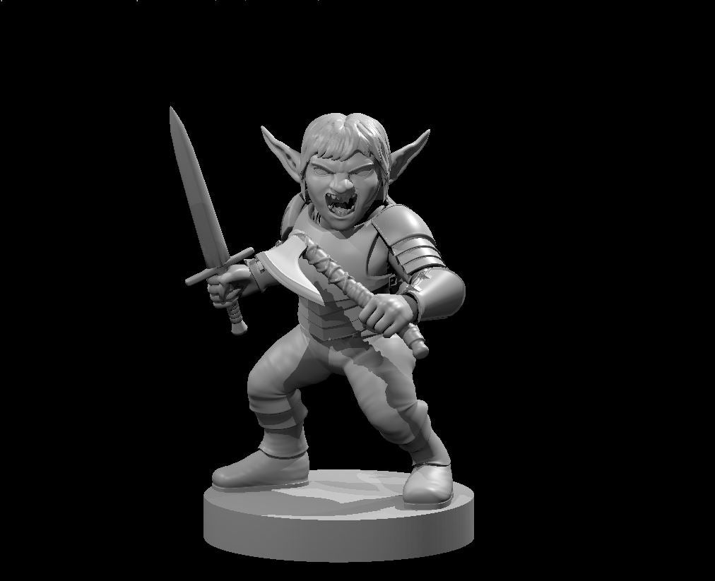 Unpainted grey resin digital render of a female goblin fighter miniature at 32mm scale, crouched in a combat stance with a short sword raised in her left hand and a hand axe gripped in her right, wearing leather armour with banded arm guards, mouth open in a battle cry, pointed ears framing a snarling face, mounted on a round base