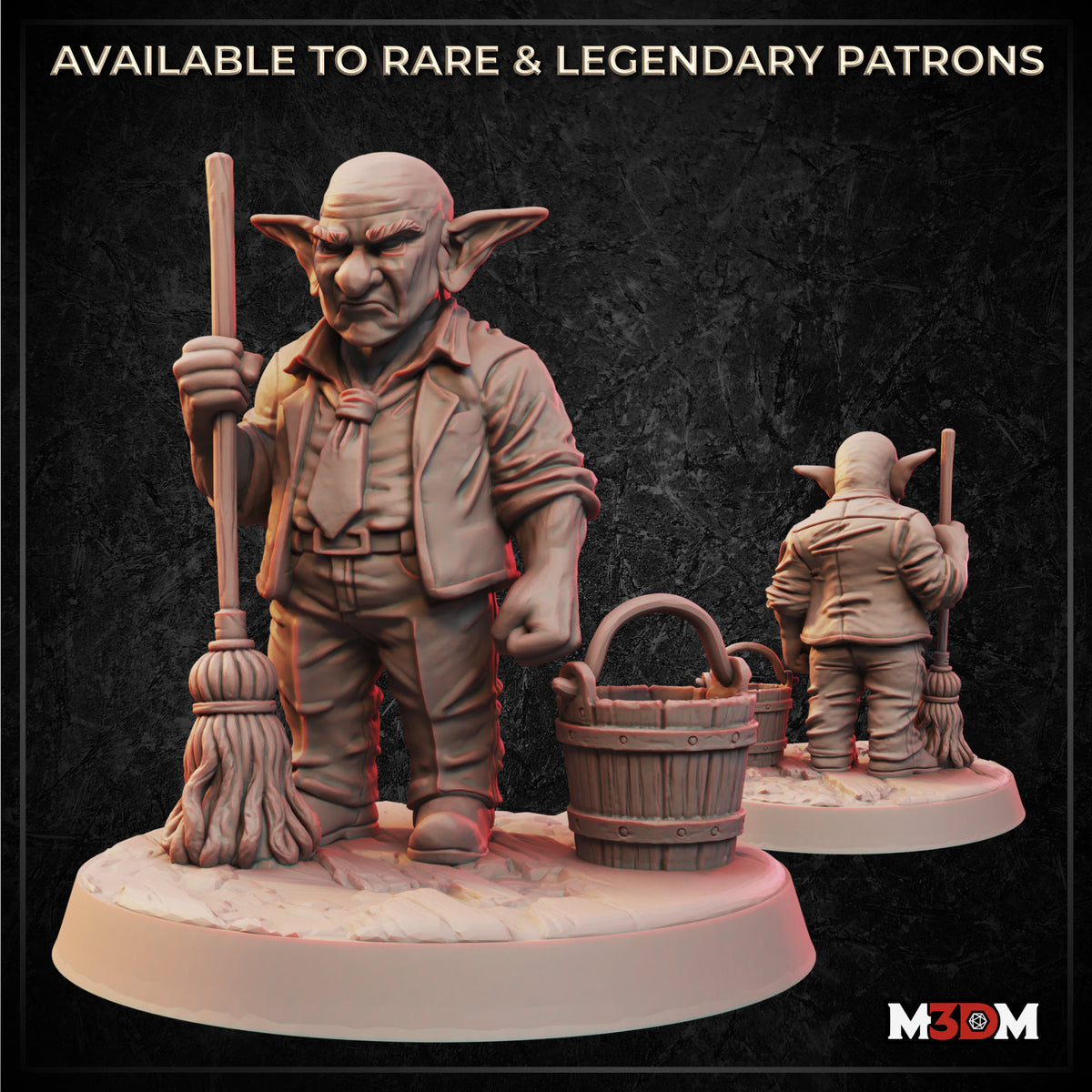 Digital render of a goblin janitor miniature showing front and rear views — bald, scowling goblin in a waistcoat and rolled-up sleeves, holding a mop and standing beside a wooden bucket, on a sculpted ground base
