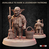 Digital render of a goblin janitor miniature showing front and rear views — bald, scowling goblin in a waistcoat and rolled-up sleeves, holding a mop and standing beside a wooden bucket, on a sculpted ground base