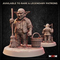 Digital render of a goblin janitor miniature showing front and rear views — bald, scowling goblin in a waistcoat and rolled-up sleeves, holding a mop and standing beside a wooden bucket, on a sculpted ground base