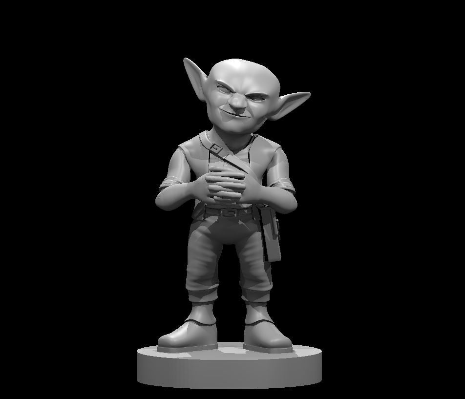 Grey resin digital render of a goblin merchant miniature standing upright with hands clasped at his chest, wearing a satchel strap across his torso and a side pouch at his hip, with a sly grin and pointed ears, mounted on a round base — 32mm scale tabletop miniature by MZ4250