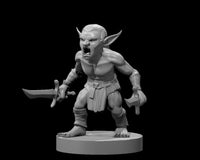 Unpainted grey resin digital render of a bare-chested male goblin miniature at 32mm scale, dual-wielding a short sword in his right hand and a hand axe in his left, crouched in a charging stance with mouth open in a snarl, wearing leather wrist and shin wraps and a rough cloth loincloth, mounted on a flat round base