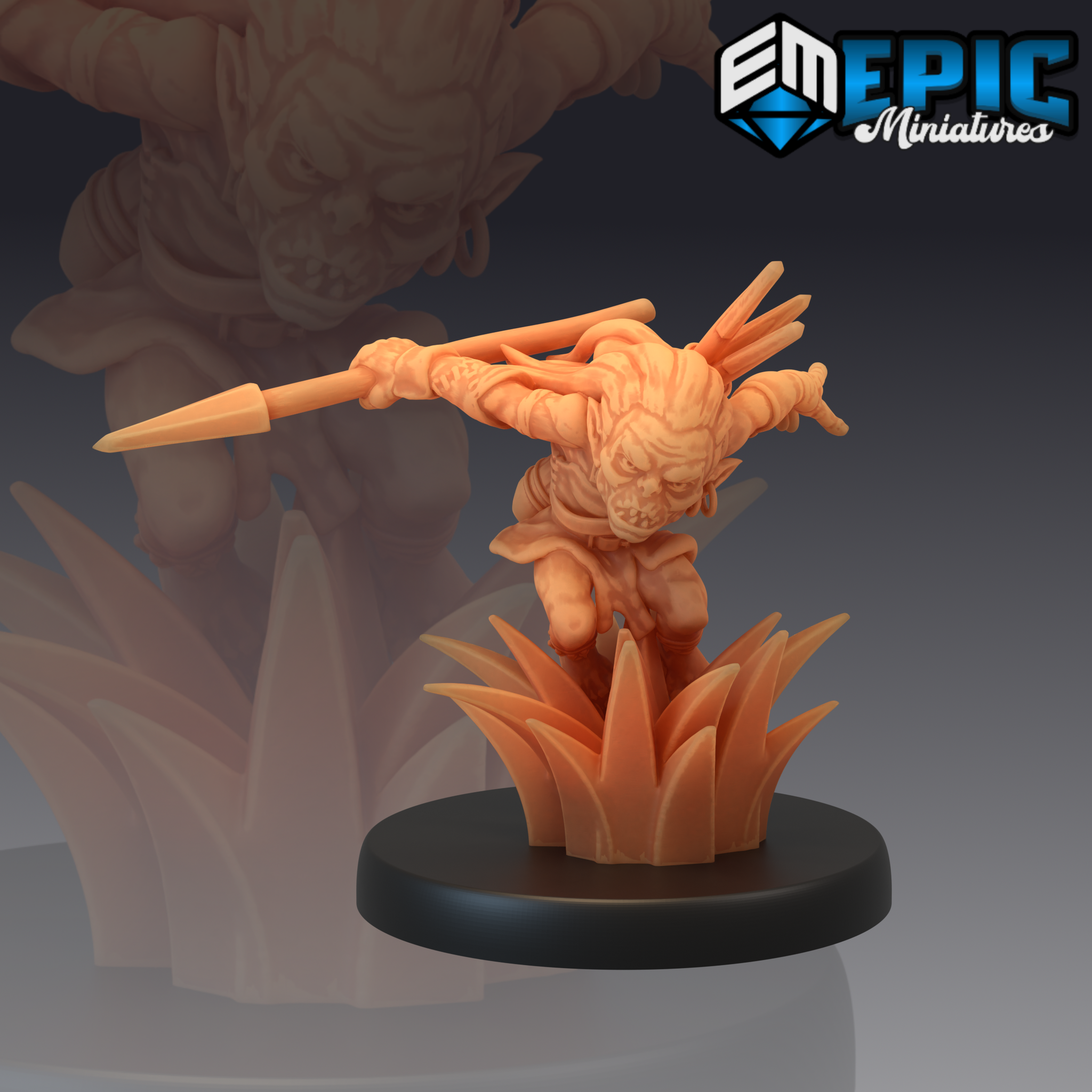 Unpainted orange resin 3D printed Goblin Scout miniature at 32mm scale — dynamic pose with spear arm extended mid-throw, wild dreadlocked hair, snarling expression, and sculpted tall grass base. Rendered product image from Epic Miniatures.