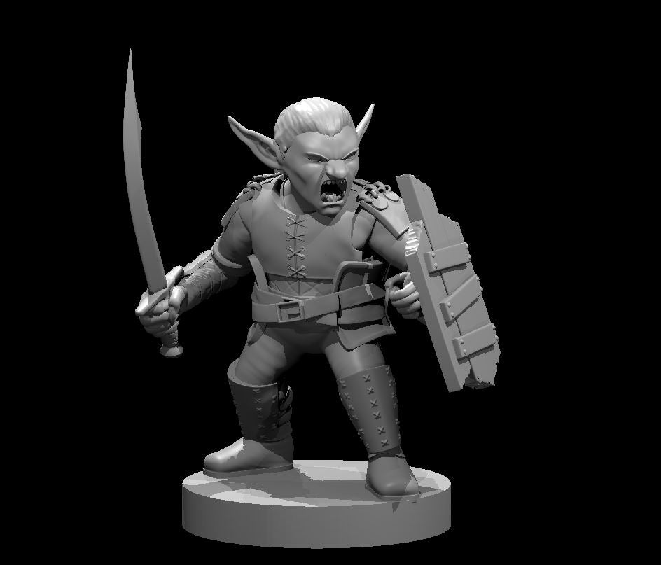 Unpainted grey resin render of a goblin warrior miniature holding a short sword raised in attack and a battered wooden shield, wearing a quilted gambeson and cross-laced boots, mouth open in a snarling war cry, mounted on a round base — 32mm scale D&D miniature by MZ4250