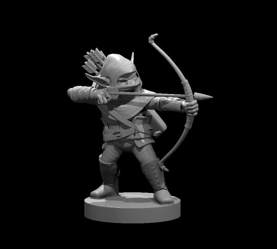 Unpainted grey resin miniature of a masked goblin archer in a wide stance, drawing a longbow with a full quiver of arrows over one shoulder, wearing cross-strapped leather armour and studded boots, mounted on a round base — 32mm scale tabletop miniature