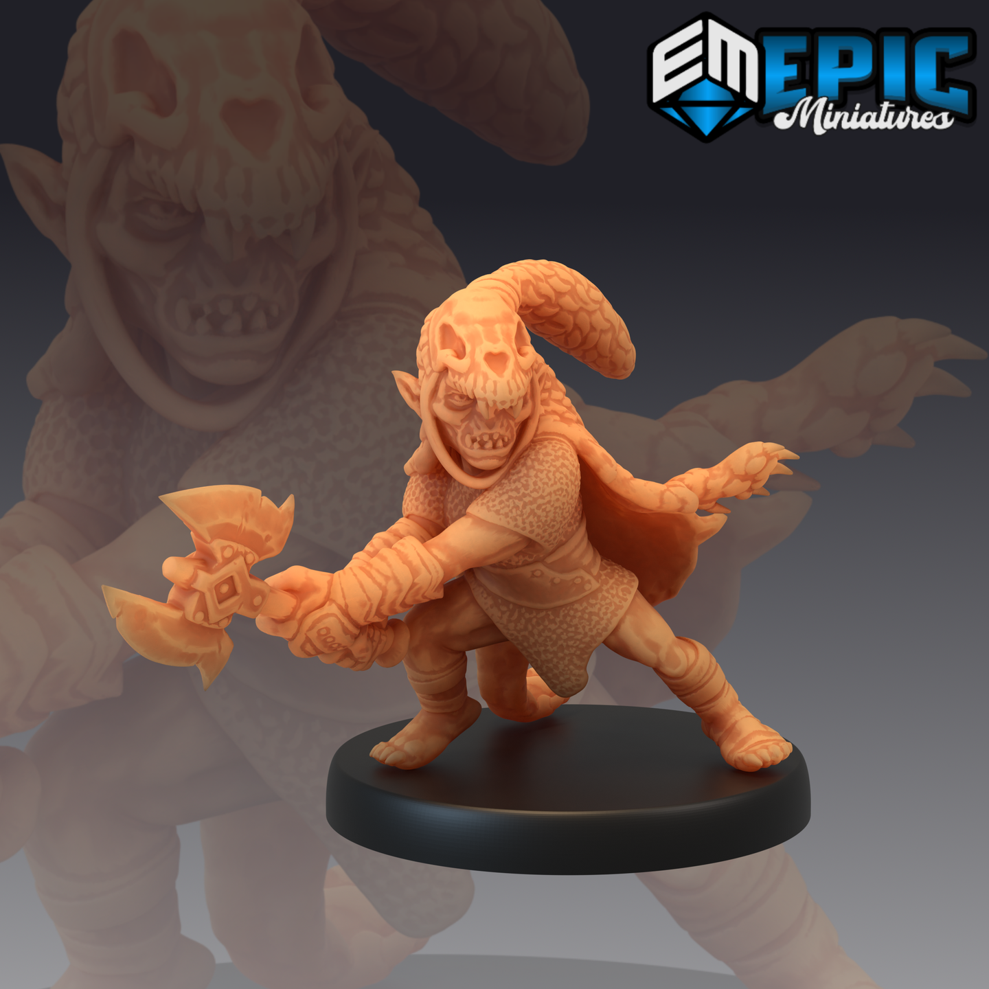 Unpainted orange resin 32mm miniature of a goblin warrior sculpted by Epic Miniatures, shown in a wide aggressive lunge pose wielding a runed double-bladed axe in both clawed hands, with textured scaled skin, a single curved horn, a short billowing cape, and bare clawed feet, mounted on a flat round black base