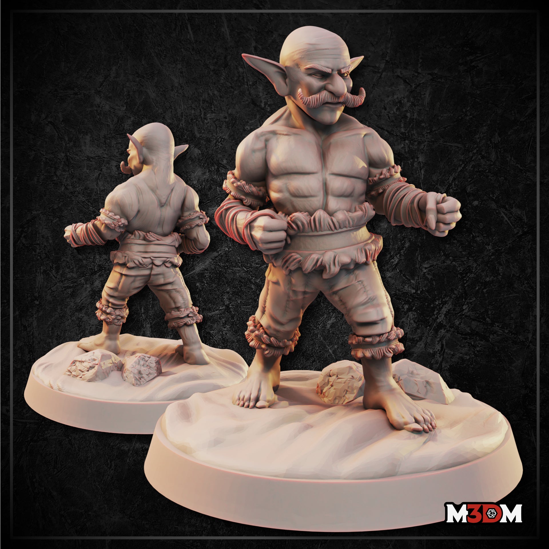 Muscular bald goblin with a curling moustache, fists raised in a fighting stance, wearing frilled fabric cuffs at wrists and ankles, standing barefoot on a rocky scenic base. Sculpt by Mia Kay M3DM.