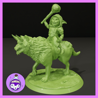 Grinning goblin barbarian in scale armour raising a round-headed mace, riding a snarling dire wolf with an armoured horn and saddle rigging. Sculpt by Ella's Arcanum Minis.