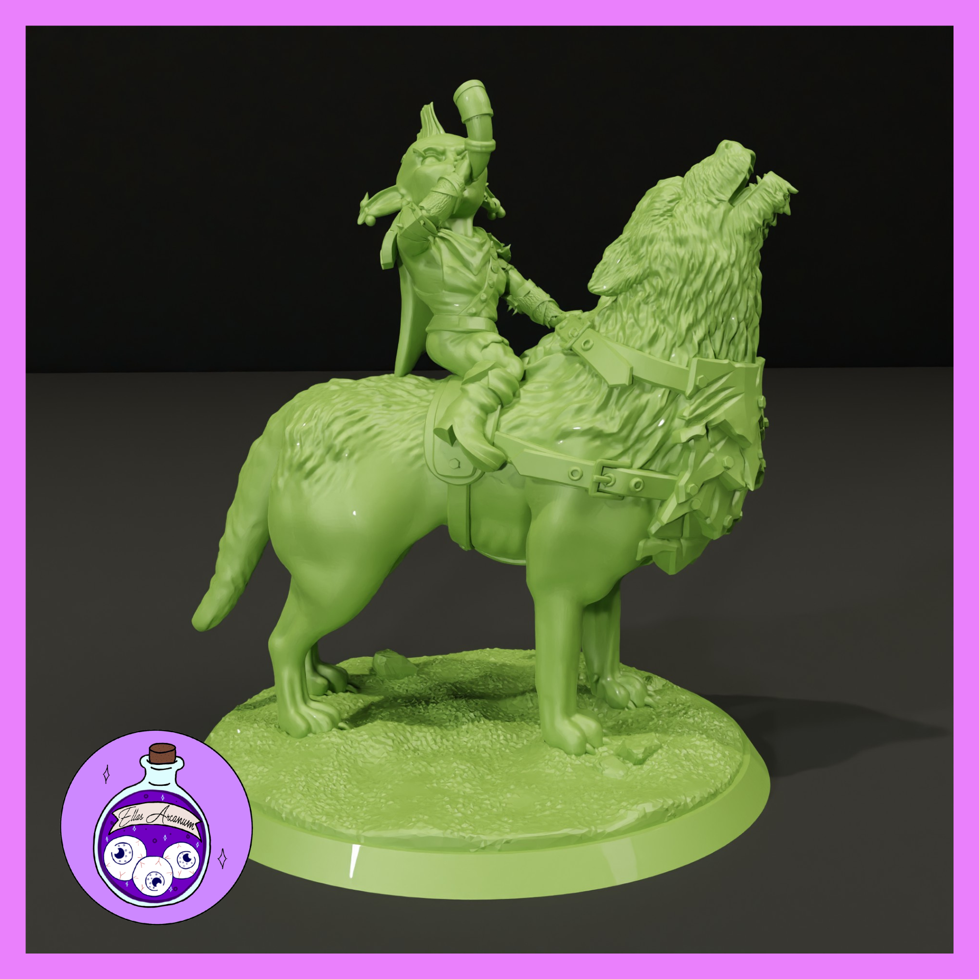 Goblin rider astride an armoured howling wolf, one arm raised blowing a war horn, wearing layered leather armour with studded gauntlets. Wolf has spiked barding. Sculpt by Ella's Arcanum Minis.