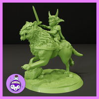 Horned goblin warrior riding a snarling, thick-furred wolf-like beast mid-gallop, sword raised. The goblin wears light armour and bears twin curved horns and a wide grin. Rocky sculpted base. Sculpt by Ella's Arcanum Minis.