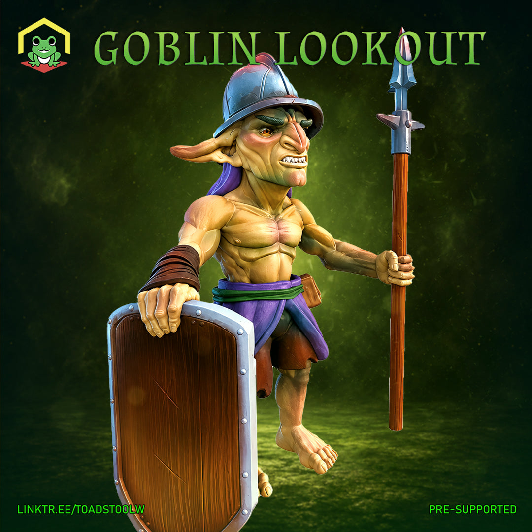 Muscular goblin miniature crouching mid-stride, gripping a tall spear in one hand and a riveted wooden shield in the other, wearing a dented metal helm with a purple cloth drape, bare-chested with leather bracers, teeth bared in a snarl. Sculpt by The Toadstool Weaver.