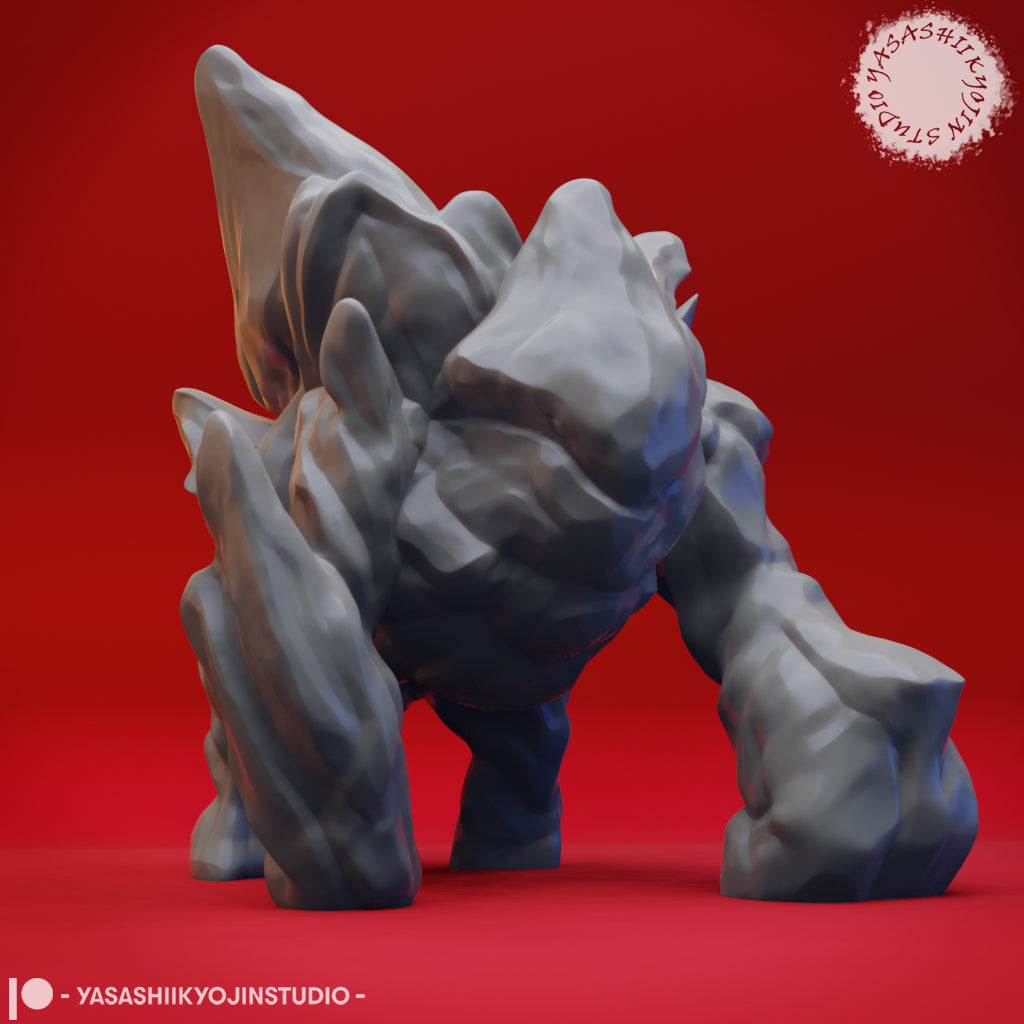Digital render of an Ice Golem miniature from the front, sculpted as a hulking four-legged stone construct with jagged rock-blade protrusions across its shoulders, crouched in a charging stance on a red background — unpainted grey sculpt by Yasashii Kyojin Studios