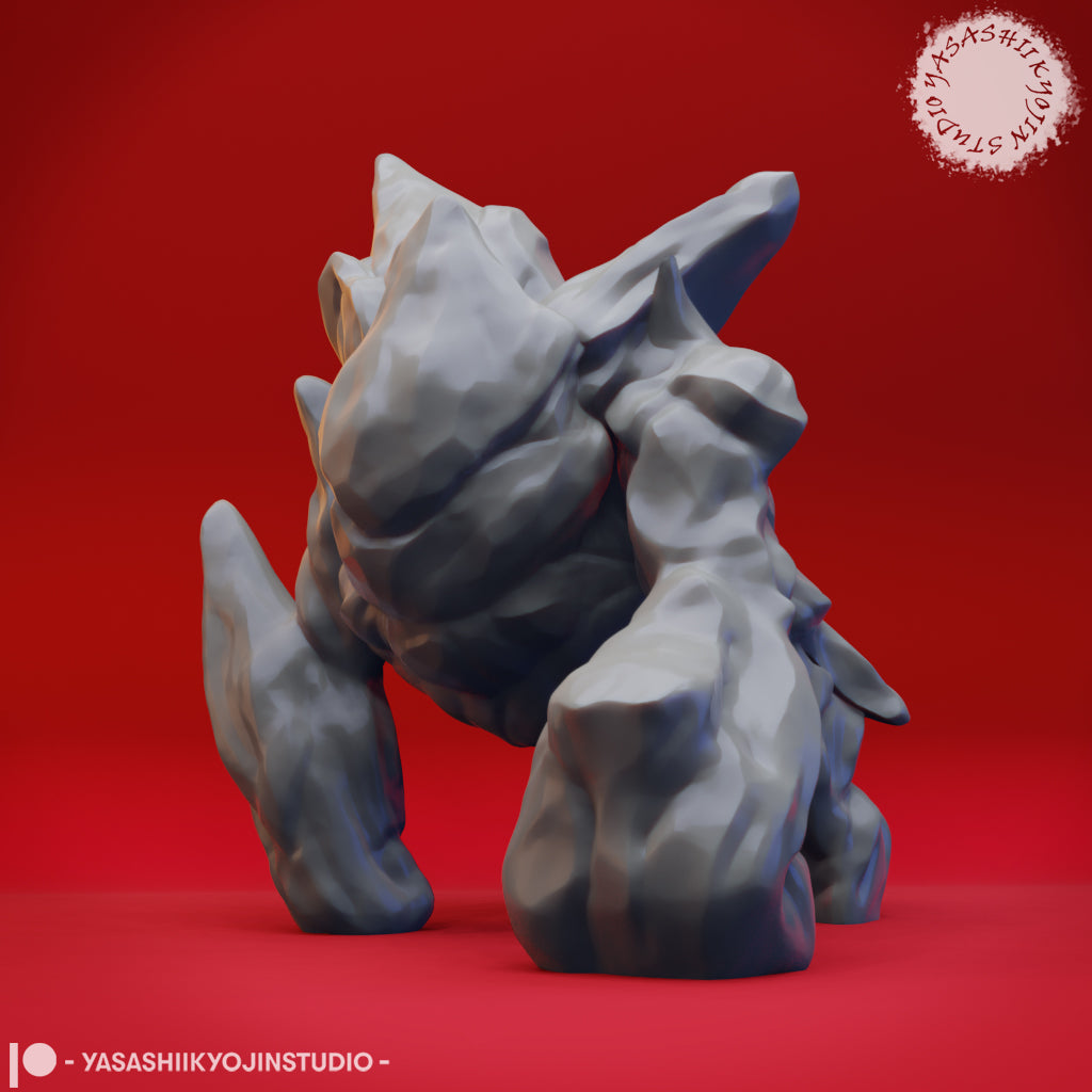 Digital render of the Ice Golem miniature from the rear-left angle, showing the layered rocky texture across the back and spiked dorsal ridge, four thick stone legs planted wide — unpainted grey sculpt by Yasashii Kyojin Studios