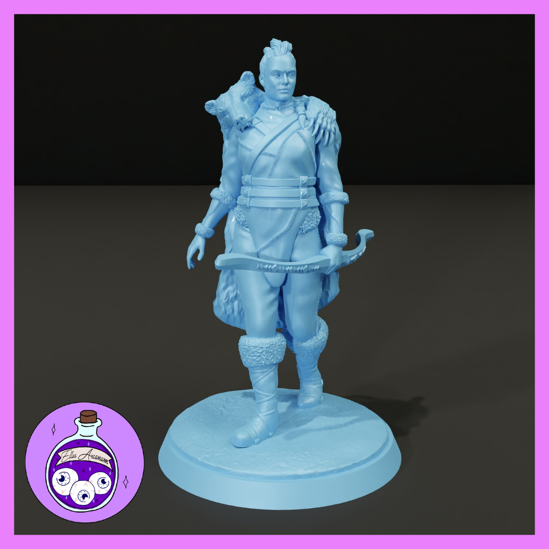 Unpainted blue resin miniature of a female Goliath ranger standing in a confident pose, wearing layered fur-trimmed coat with belt straps and buckles, shortbow held at her side, a wolf cub draped across her shoulders, wearing sheepskin-cuffed boots, with an undercut hairstyle, mounted on a textured rocky round base — 32mm scale miniature by Ella's Arcanum Minis