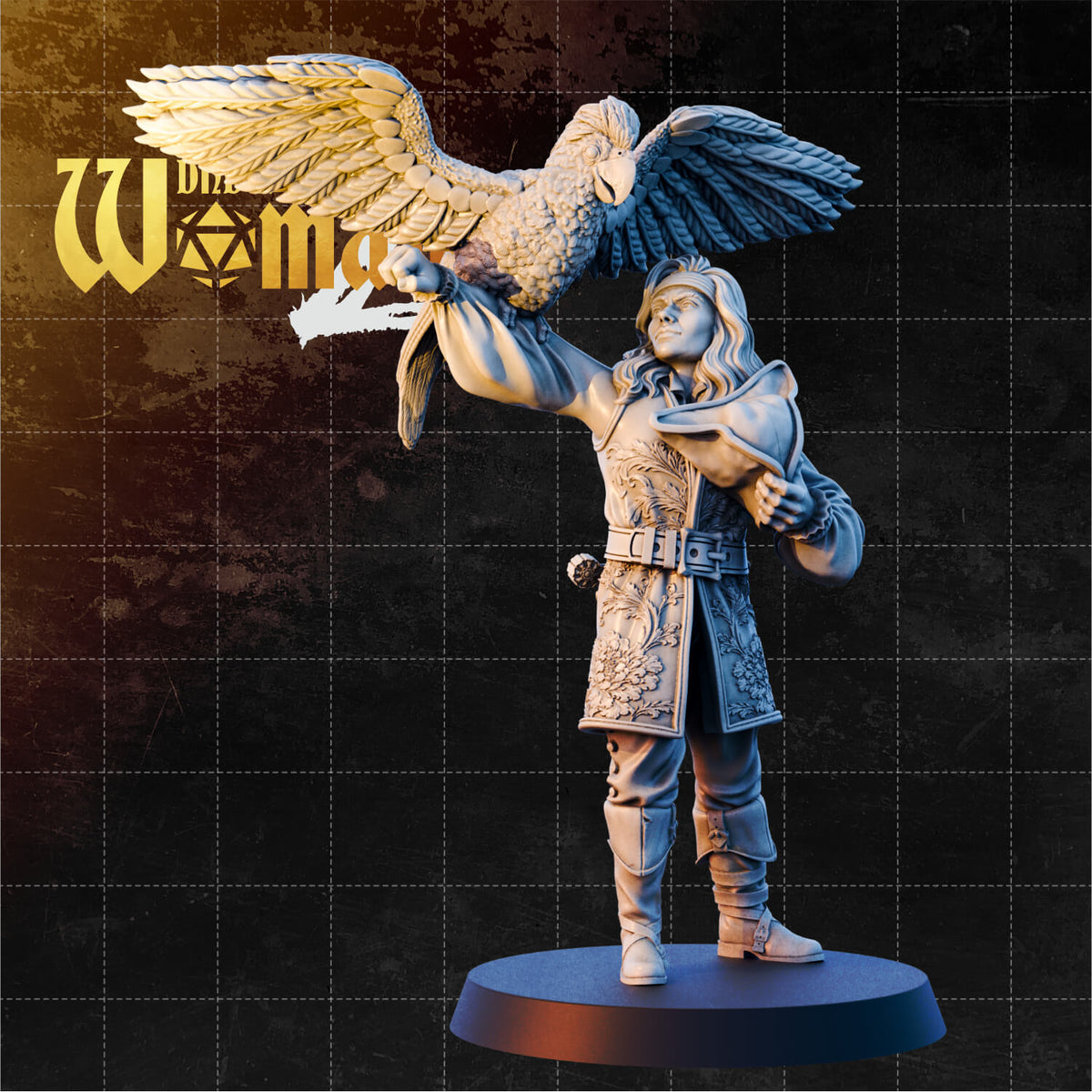 Goliath male pirate miniature standing upright with one arm raised, a large eagle landing on his fist with wings fully spread. He wears an ornately floral-embroidered coat, belted at the waist with a pistol or flask at his hip, and long wavy hair. Sculpt by DnD Is A Woman.