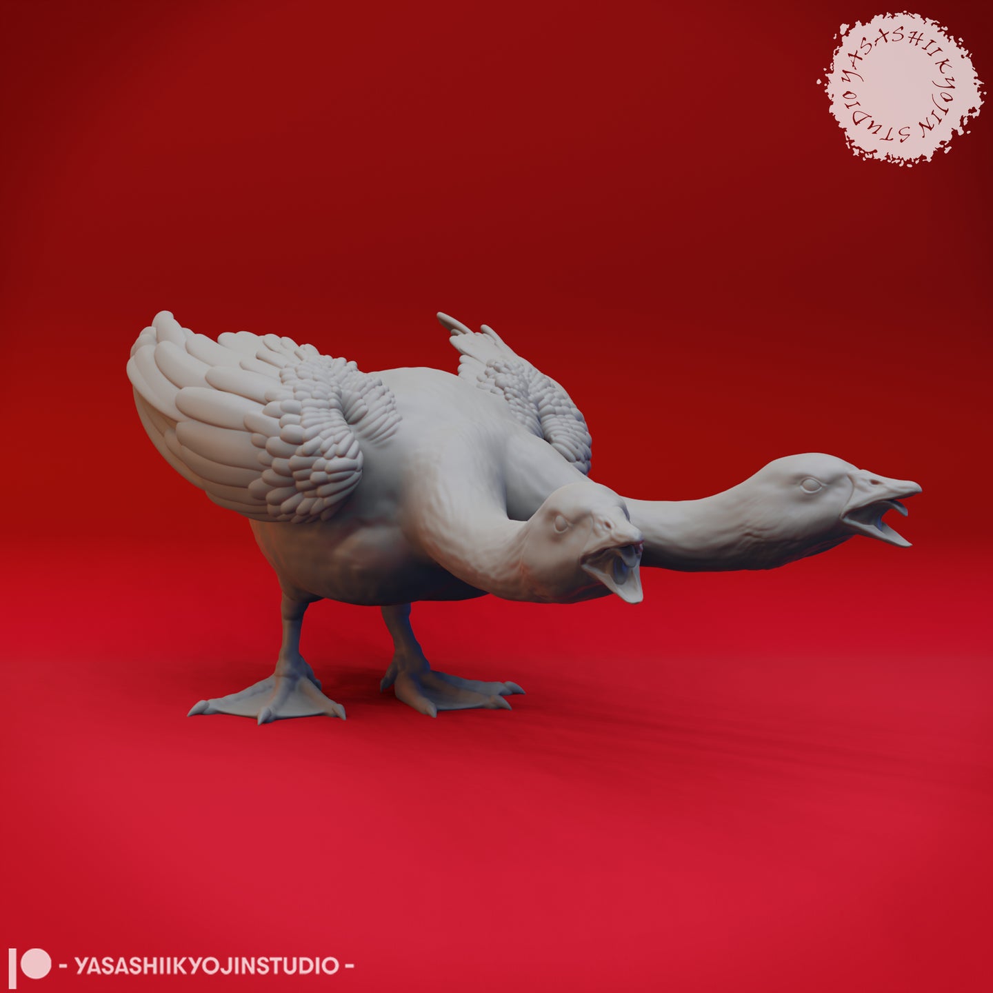Digital render of an unpainted grey resin Goose Hydra miniature — a two-headed goose with wings raised and both beaks open in an aggressive lunging pose, sculpted by Yasashii Kyojin Studio